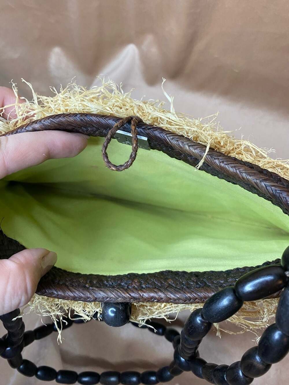 Boho Vacation Resort Woven Straw Clutch with Fringe and Beaded Handle - Picture 6 of 7